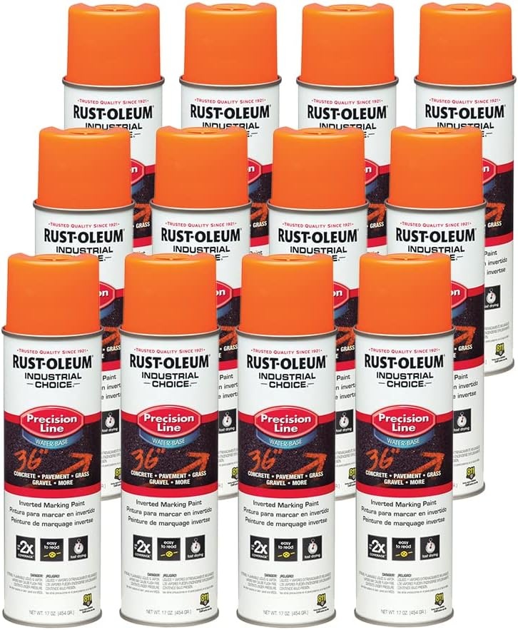 image:imageRustOleum Inverted Marking Spray WaterBased White M1600 System 17oz Inverted marking paint for pavement turf gravel amp utilities fastdry weatherresistant 12packFluorescent Orange
