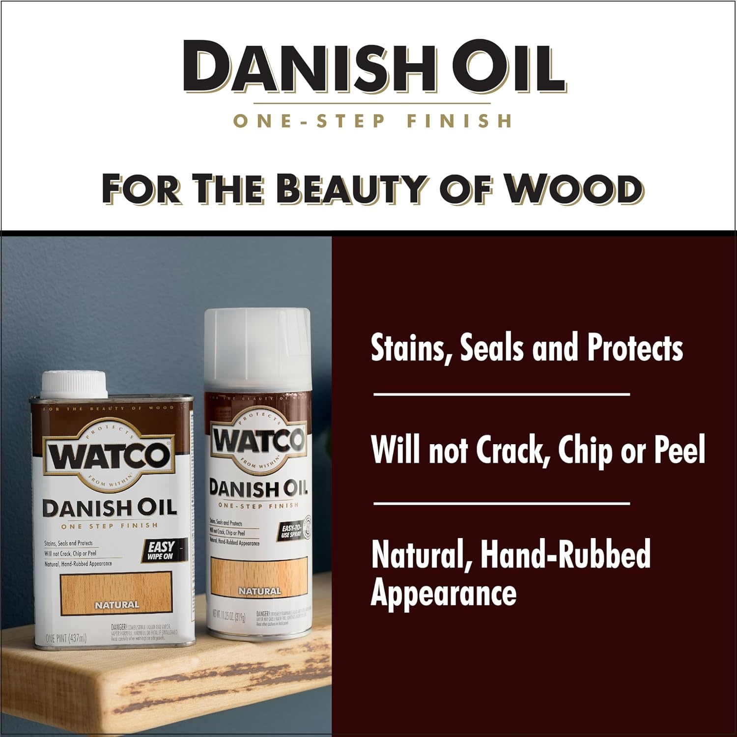 image:imageWatco Natural Danish Oil Wood Finish Penetrating Oil Formula Enhances Natural Grain Easy WipeOn Application For Wood Projects GallonNatural