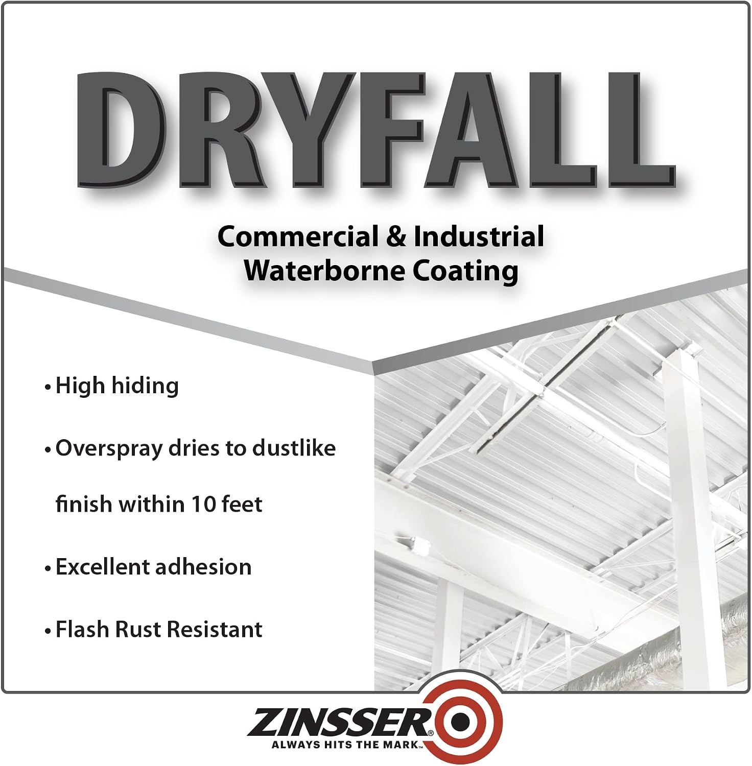 image:imageZinsser Dryfall Commercial amp Industrial Waterborne Coating White Flat 5 Gallon waterbased paint Flat finish Overspray dries to dust before landing ideal for ceilings warehouses amp decksWhite