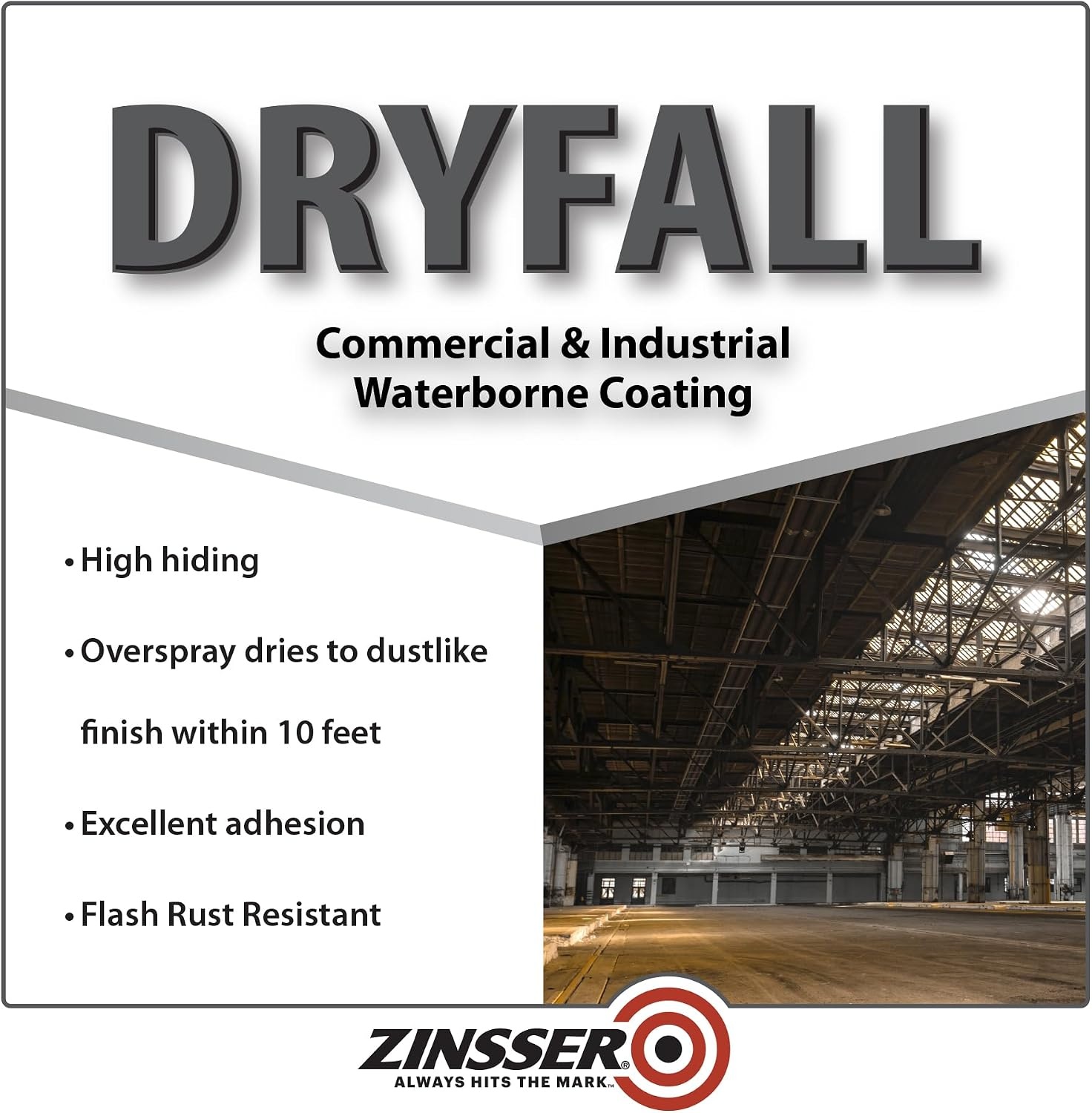 image:imageZinsser Dryfall Commercial amp Industrial Waterborne Coating White Flat 5 Gallon waterbased paint Flat finish Overspray dries to dust before landing ideal for ceilings warehouses amp decksBlack