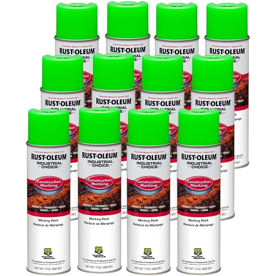 image:imageRustOleum Construction Marking Spray Paint WaterBased White M1400 System 17oz Construction amp survey marking fastdry inverted spray for pavement soil turf amp utilities Pack of 12Fluorescent Green