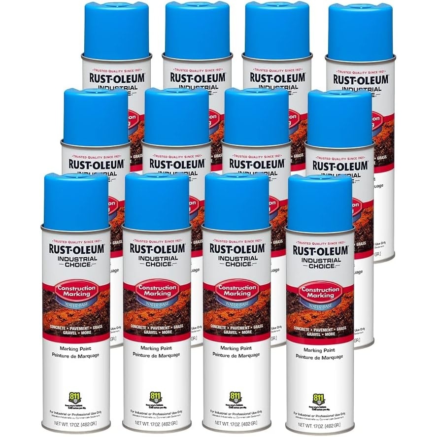image:imageRustOleum Construction Marking Spray Paint WaterBased White M1400 System 17oz Construction amp survey marking fastdry inverted spray for pavement soil turf amp utilities Pack of 12Caution Blue
