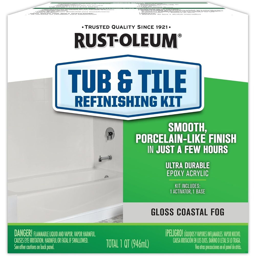 image:imageRustOleum Tub amp Tile Refinishing 2Part Kit Gloss White  Bathroom Surface Refresh Ceramic Porcelain amp Fiberglass Waterproof Protection PorcelainLike Finish QuartCoastal Fog