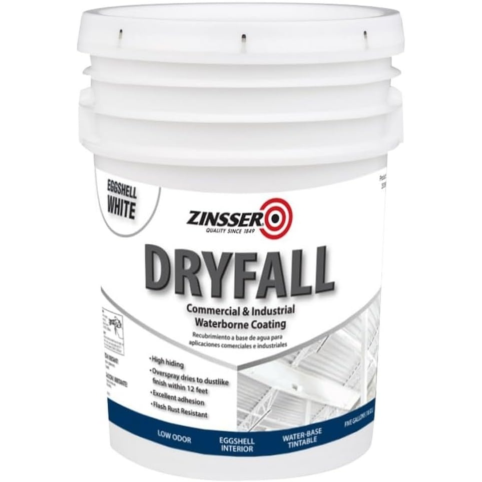 image:imageZinsser Dryfall Commercial amp Industrial Waterborne Coating White Flat 5 Gallon waterbased paint Flat finish Overspray dries to dust before landing ideal for ceilings warehouses amp decksEggshell White