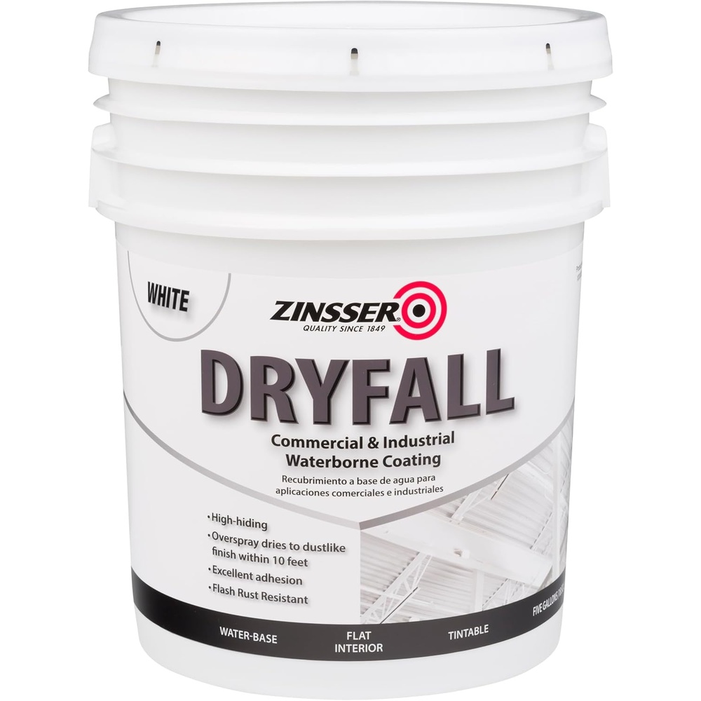 image:imageZinsser Dryfall Commercial amp Industrial Waterborne Coating White Flat  5 Gallon waterbased paint Flat finish Overspray dries to dust before landing ideal for ceilings warehouses amp decksWhite