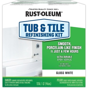 Rust-Oleum Tub & Tile Refinishing 2-Part Kit, Gloss White | Bathroom Surface Refresh, Ceramic, Porcelain & Fiberglass, Waterproof Protection, Porcelain-Like Finish, Quart(White)