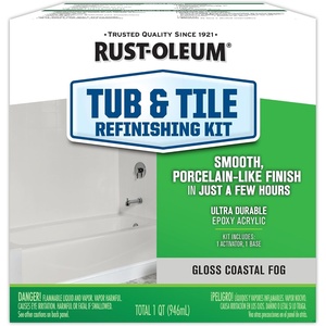 Rust-Oleum Tub & Tile Refinishing 2-Part Kit, Gloss White | Bathroom Surface Refresh, Ceramic, Porcelain & Fiberglass, Waterproof Protection, Porcelain-Like Finish, Quart(Coastal Fog)